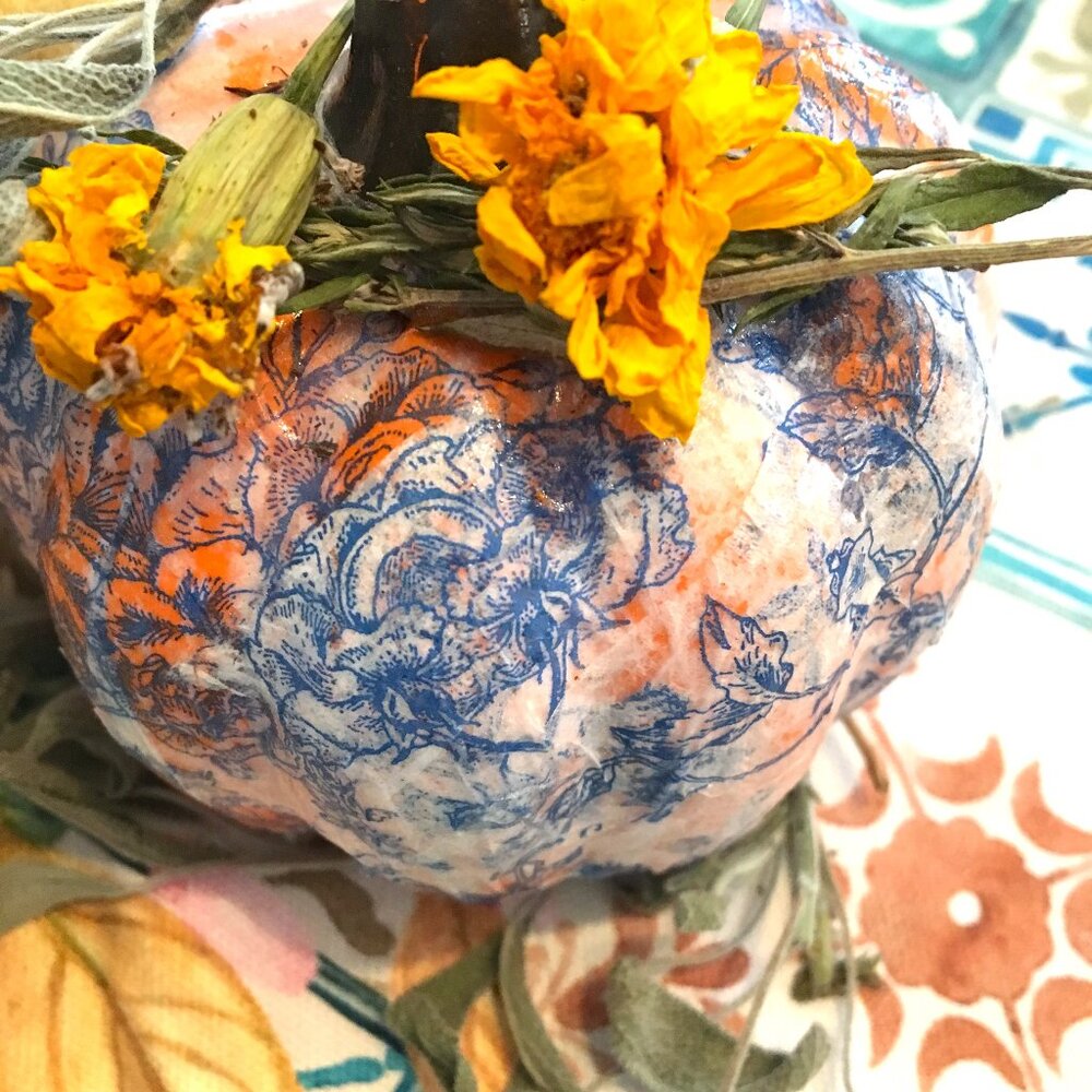 Decoupage pumpkin- handmade blue and white chinoiserie decoupage, orange pumpkin
